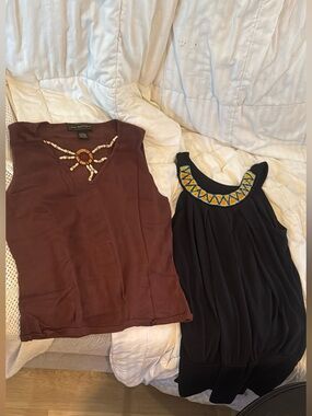 Beaded Black Sleeveless Top & Brown Embellished Tank - Set